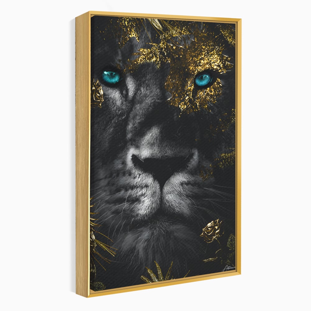 Tablou canvas cu tablou canvas cu leu si ochi albastri, in rama de aluminiu auriu